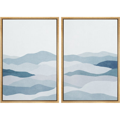 " Blue Watercolor Mountain Range Landscape Waves Abstract Shapes Modern Minimalist Chic " 2 - Pieces