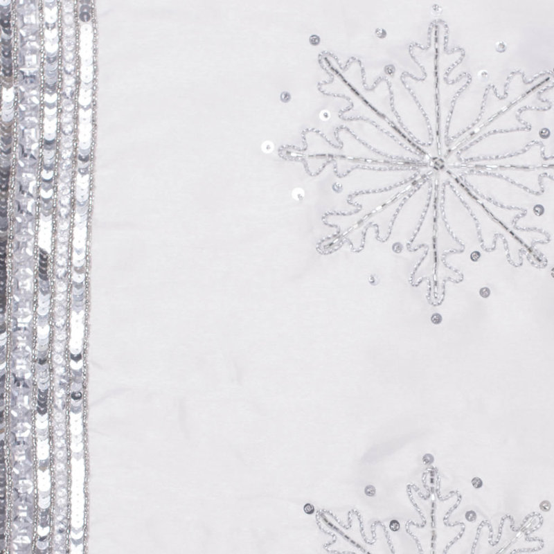 Luxurious White Polysilk Snowflake Pillow with Silver Sequins
