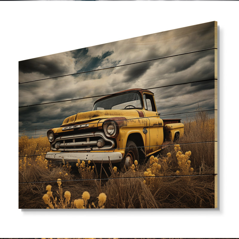 Camionnette jaune II, impression rustique sur bois, H 10 po x l 20 po x P 0,78 po