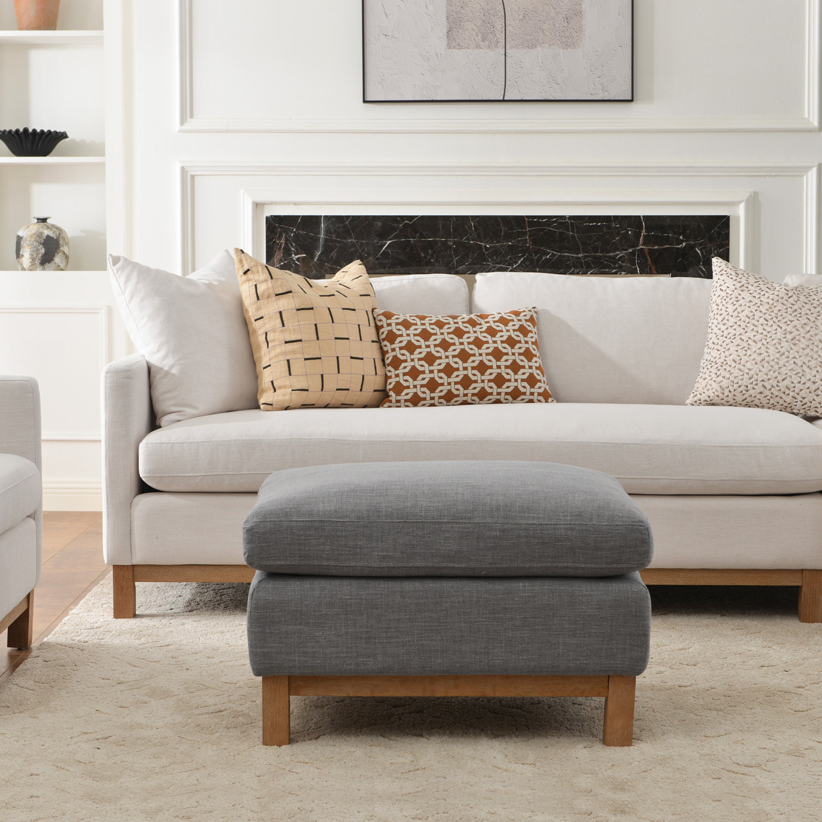 Cami 30" Upholstered Ottoman, Coastal Fog Linen Blend