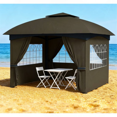 Pavillon de jardin à double toit élégant, pavillon de jardin extérieur avec rideaux, fenêtres d'églises