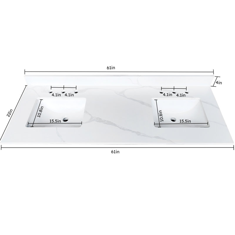 Plan de toilette en quartz blanc de 155 cm pour salle de bain double, 2 lavabos encastrés, dosseret de 10 cm de hauteur, trous pré-percés pour la robinetterie, salle de bain spacieuse résistante aux taches et à la chaleur, idéale pour une salle de bain moderne.