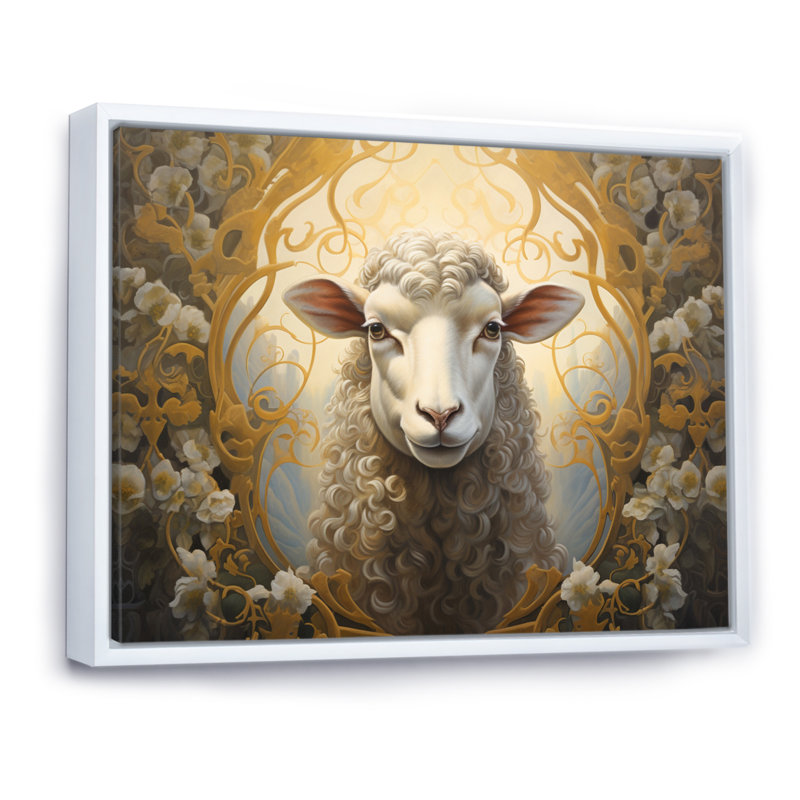 Mouton beige symboliste sur toile, H 34 po x l 44 po x P 1,5 po, Cadre flottant blanc
