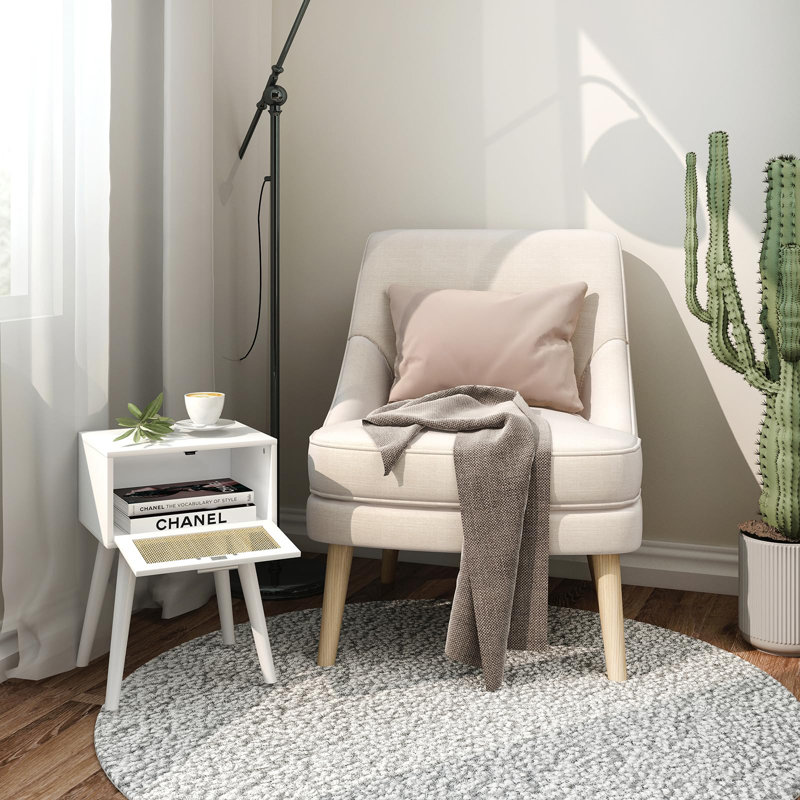 White Small End Tables with Rattan Doors, Set of 2