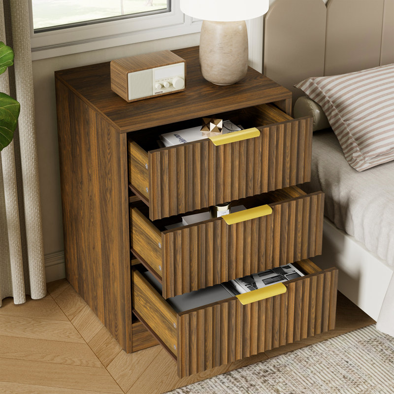 Fluted Nightstand With 3 Storage Drawers, Rustic Walnut, 3