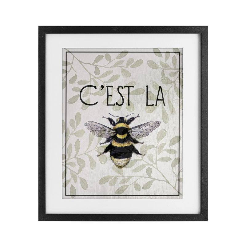 Abeille française sur imprimé floral encadré sous verre, design par Lil 'Rue, Cadre noir minuit, H 16 po x l 13 po