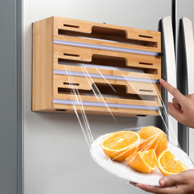 Magnetic Plastic Wrap Dispenser With Cutter, 3 In 1 Refrigerator Bamboo Wood Organizer For Tin Foil, Baking Paper, Compatible With 12.9" Roll (3 Tier)