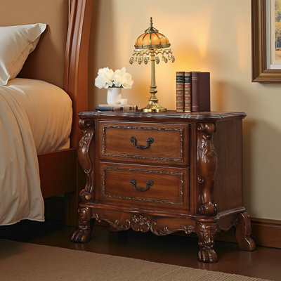 ?Traditional Luxury Nightstand with 2-Drawer and Hand-Carved, 2-Drawer Cherry Oak Hardwood Bedside Table?