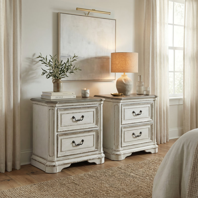 Ensemble de chambre avec lit tapissier et deux tables de chevet Colchester, Blanc antique, Très grand