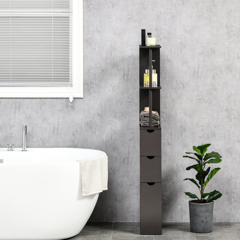Tour de rangement pour salle de bain, armoire à linge autoportante de 54 po de hauteur avec 2 tablettes et tiroirs, rangement compact pour l'espace, brun,