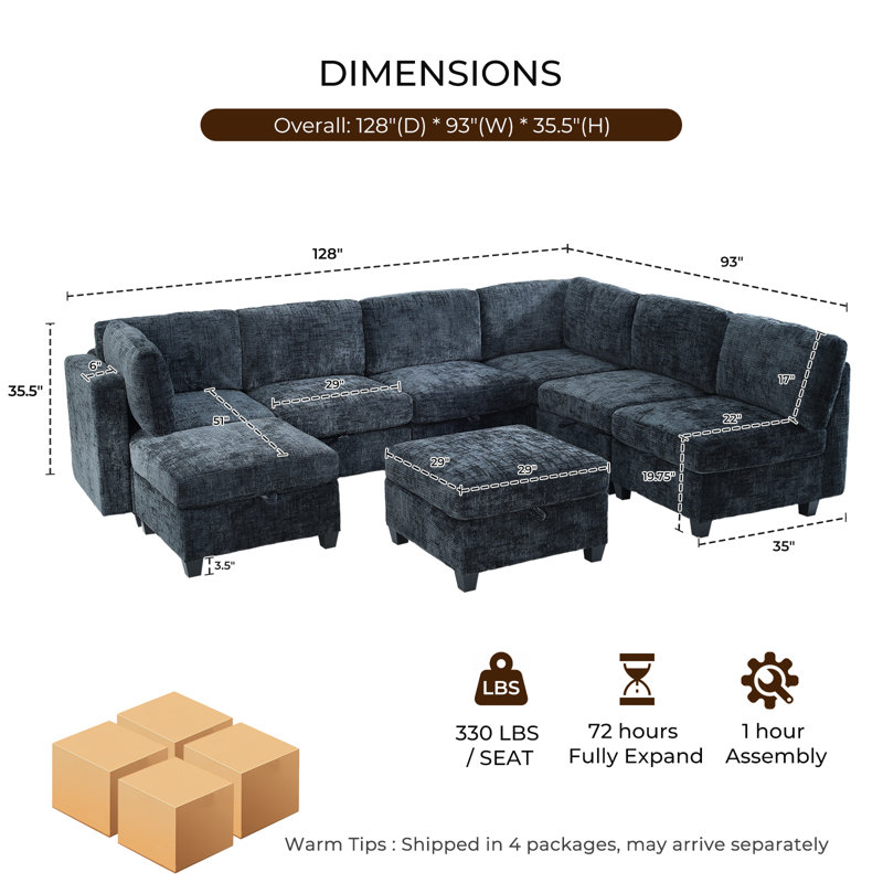 128" Oversized Modular 8-Seater Sectional Sofa with Storage & Removable Covers, Convertible U-Shape, L-Shape & Sleeper Configuration, Modern Couch with Movable Ottoman