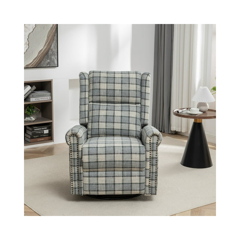 Jaq Upholstered Swivel Recliner, Green Checkered Linen