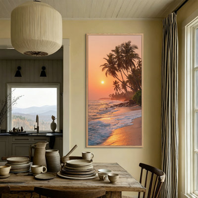  Impression sur toile tropicale encadrée à la main avec impression de palmier sur une plage côtière au coucher du soleil