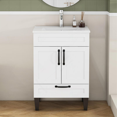 Ensemble de meuble-lavabo moderne 24 po avec lavabo 24 po, 2 portes, 1 grand tiroir, poignées en métal noir et pieds noirs