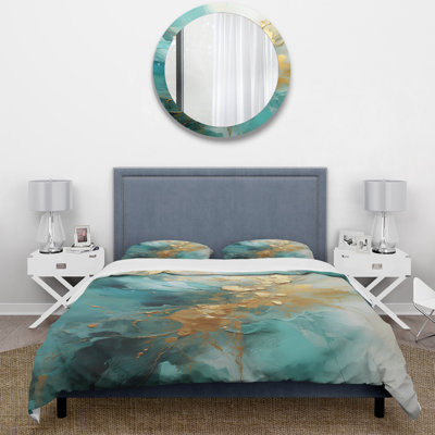 Gold And Teal Aurora Harmony II - Abstract Spirals Duvet Cover Set