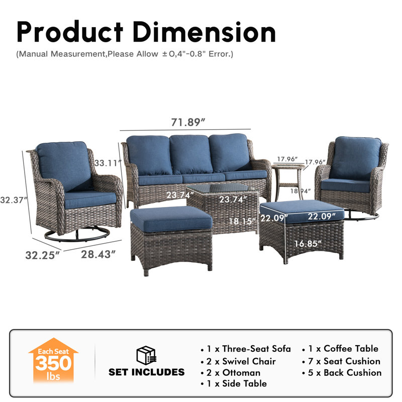 Wicker/Rattan 5 - Person Seating Group With Cushions, Gray, Denim Blue