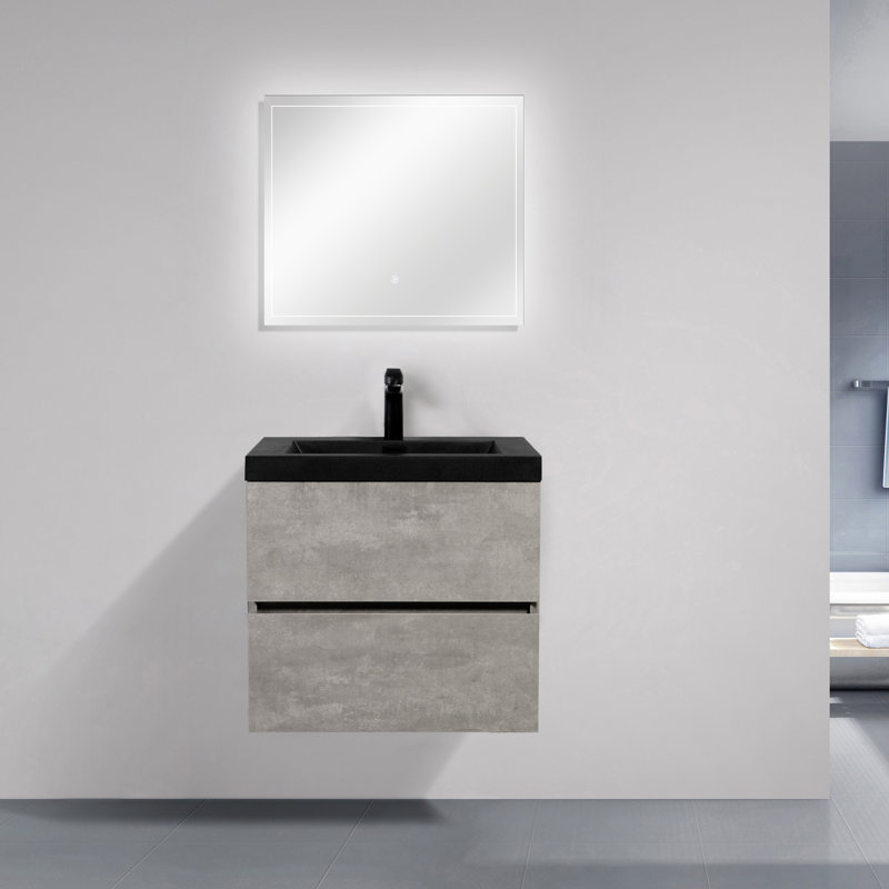 24 po Meuble-lavabo mural flottant avec comptoir simple en quartz noir gris, 24"