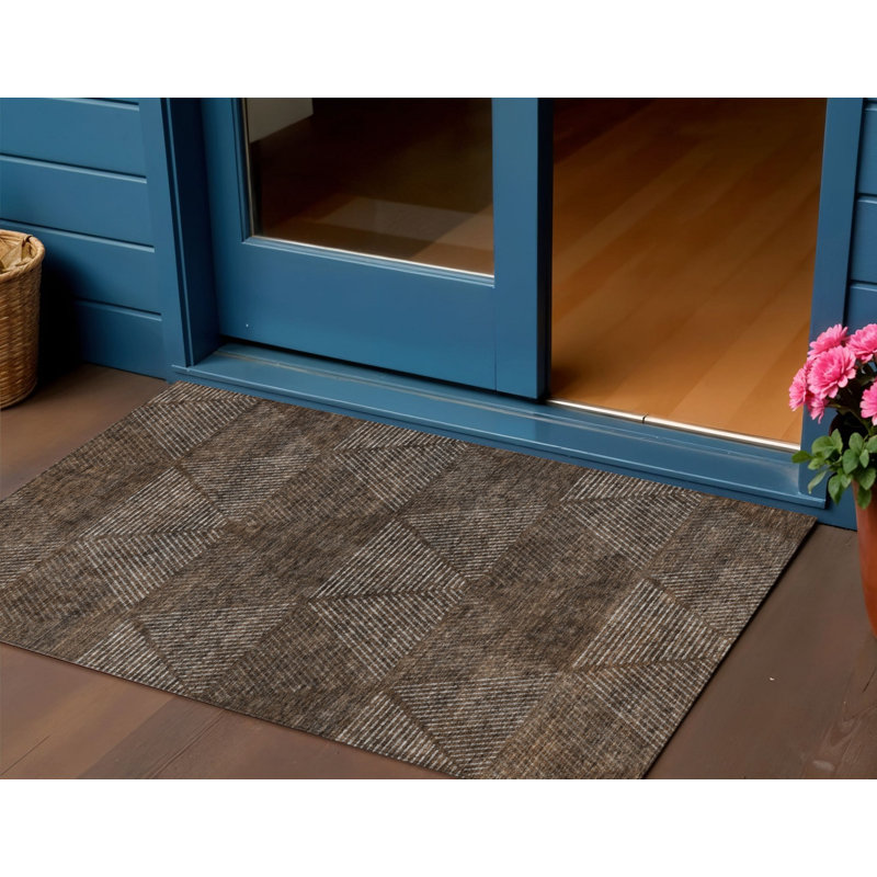 3' X 5' Brown And Taupe Geometric Washable Indoor Outdoor Area Rug
