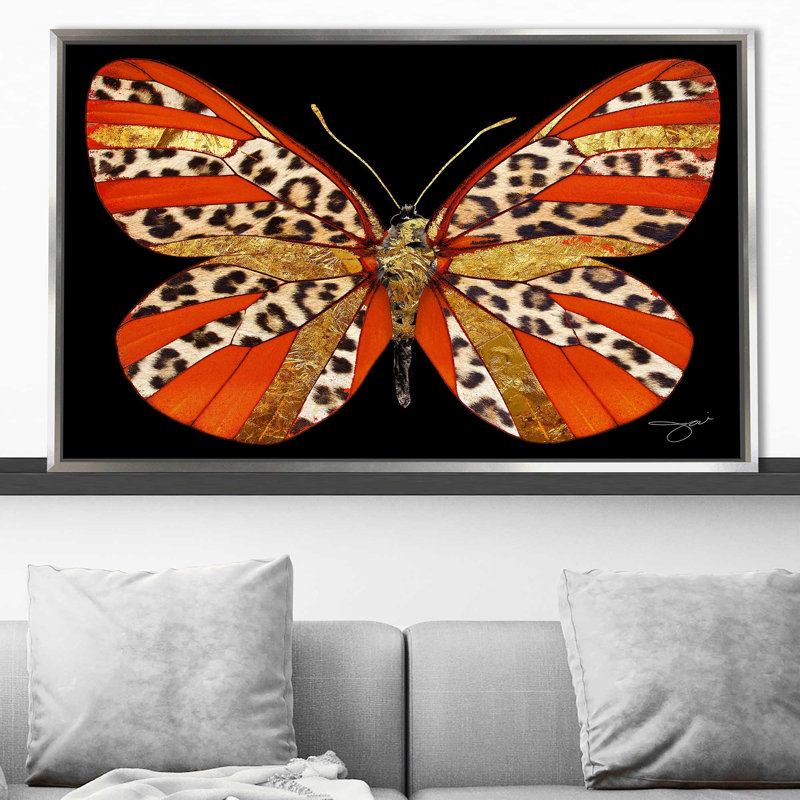 Léopard et papillon doré (horizontal) par Jodi - impression, H 27,5 po x l 43,5 po x P 2 po, Cadre flottant argent