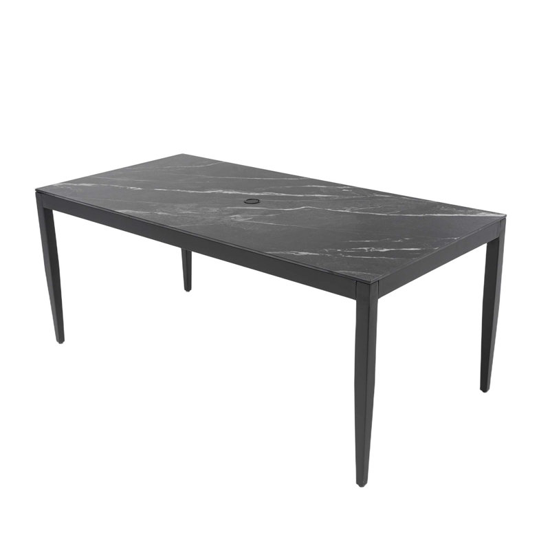 35.5"x71" Modern Outdoor Patio Dining Table, Aluminum Frame With Greek Marble-inspired Sintered Stone Top, Ember Black Finish, Post Tapered Legs, Seats Six, Weatherproof & Rust-resistant