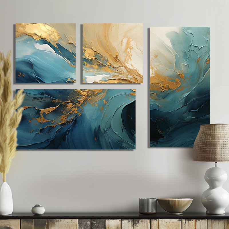 Teal Ocean Spiral III - Art mural moderne 4 pièces, Noir, Impression encadrée sans passe-partout