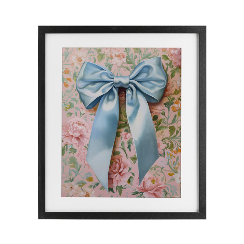 Impression romantique romantique sous un nœud en satin bleu sous verre, design par Petal Prints Design, Cadre noir minuit