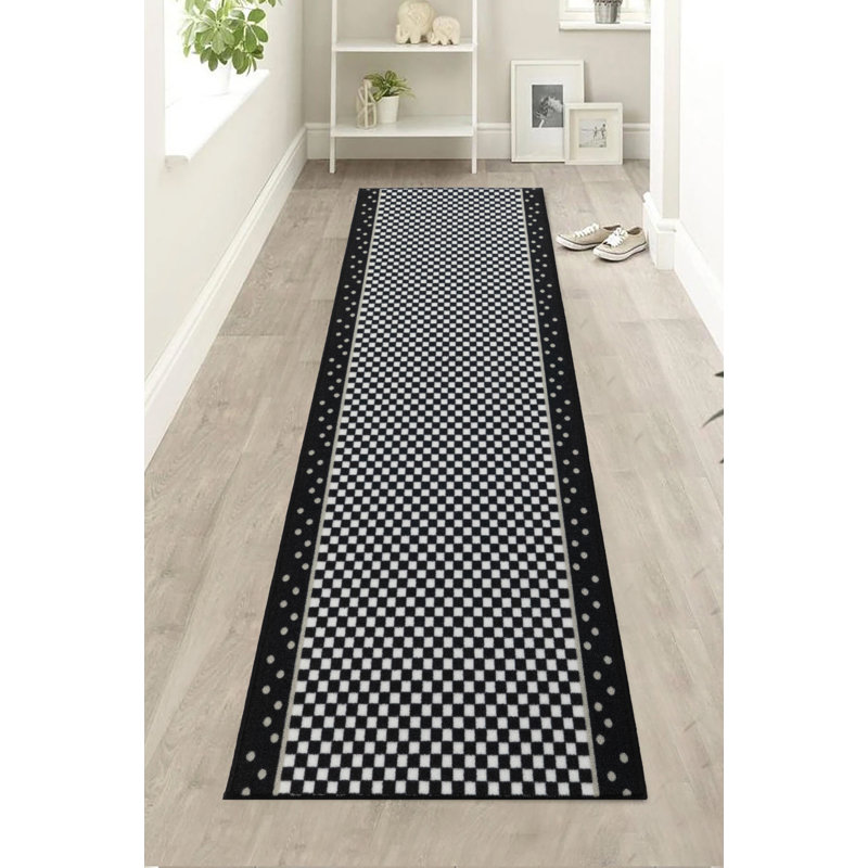Custom Length Checkered Black White Low Pile Slip Resistant Hallway Stairway Rug Runner, Runner 2'2" x 5'
