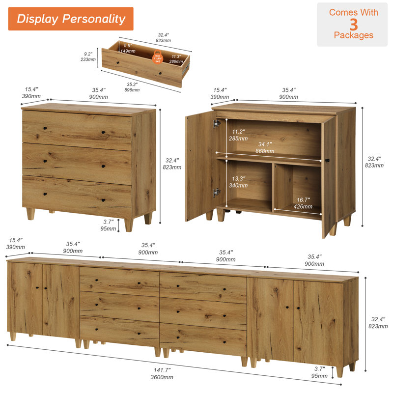 4-In-1 Dresser Chests With 6 Drawers And 2 Cabinets For Bedroom, Oak Brown