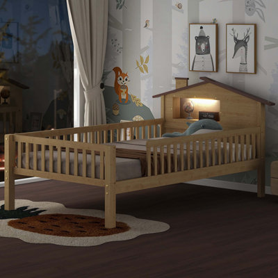 Lit plateforme simple en bois avec tête de lit en forme de maison, DEL et rangement intégré