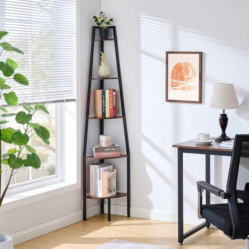 Tablette d'angle, bibliothèque d'angle industrielle à 5 niveaux, étagère d'angle rustique, bibliothèque d'angle pour petits espaces, chambre à coucher, salon, bureau personnel, cuisine, balcon, brun rustique
