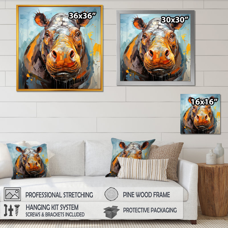 Hippopotame harmonie 1 - Hippopotame, Cadre doré simple, H 16 po x l 16 po x P 1 po