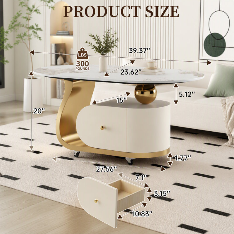 Table basse en pierre frittée avec tiroir, base en acier inoxydable et roulettes verrouillables, Doré