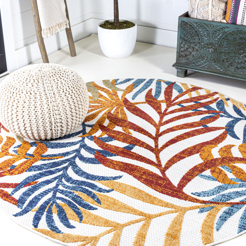 Manor Tropics Palm Leaves Cream/Orange Indoor/Outdoor Rug, Round 6'