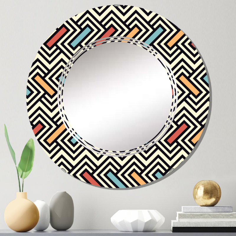 Zigzag noir et blanc avec miroir mural rond rouge, bleu et orange, 24 po x 24 po