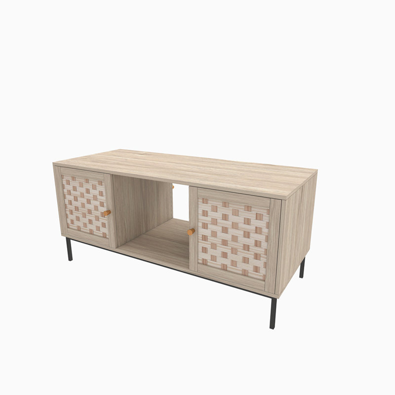 Elegant Veener Weaving Design Coffee Table With 4 Sliding Door, Wooden Center Rectangular Table With Symmetrical Design Storage Cabinet