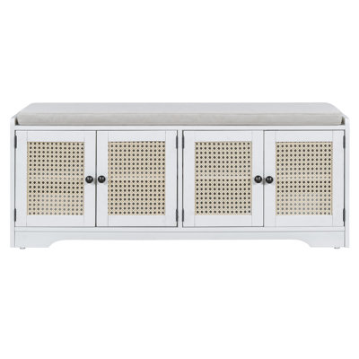 Banc de rangement rustique avec coussin amovible, portes en rotin tissé et tablettes réglables pour le vestibule