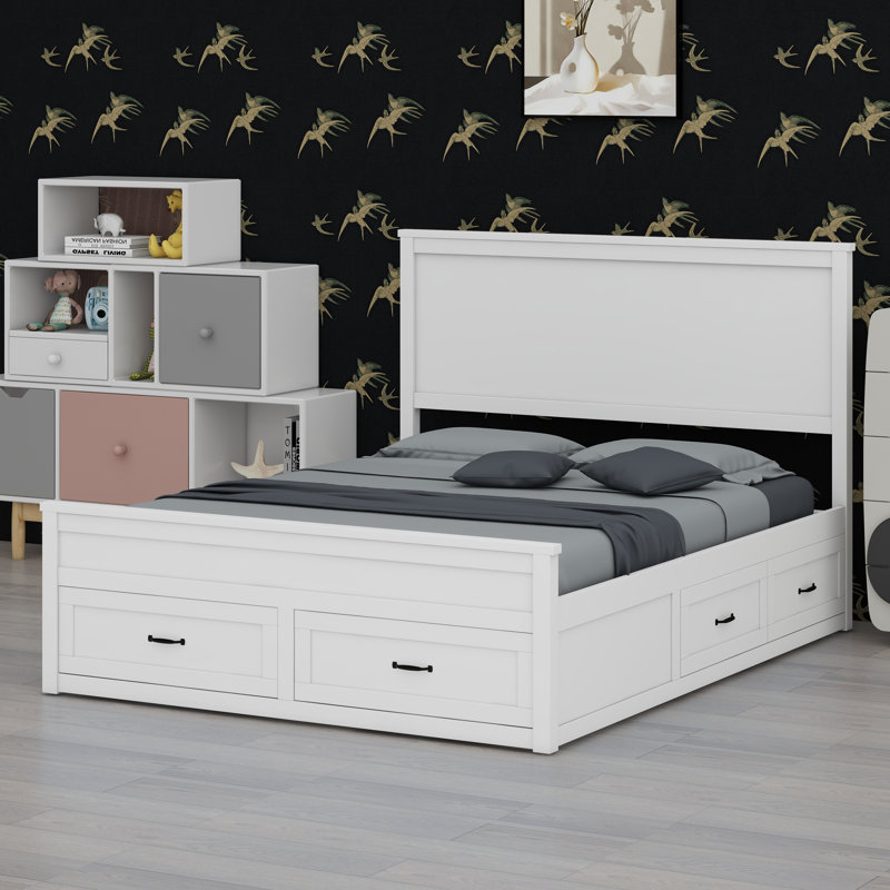 Base de lit en bois avec tiroirs, Blanc