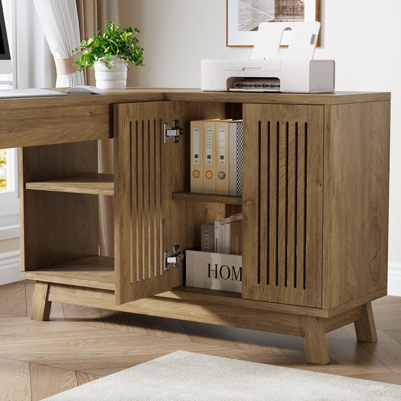 Bureau en L avec armoire de rangement, bureau de coin pour ordinateur à domicile, Brun