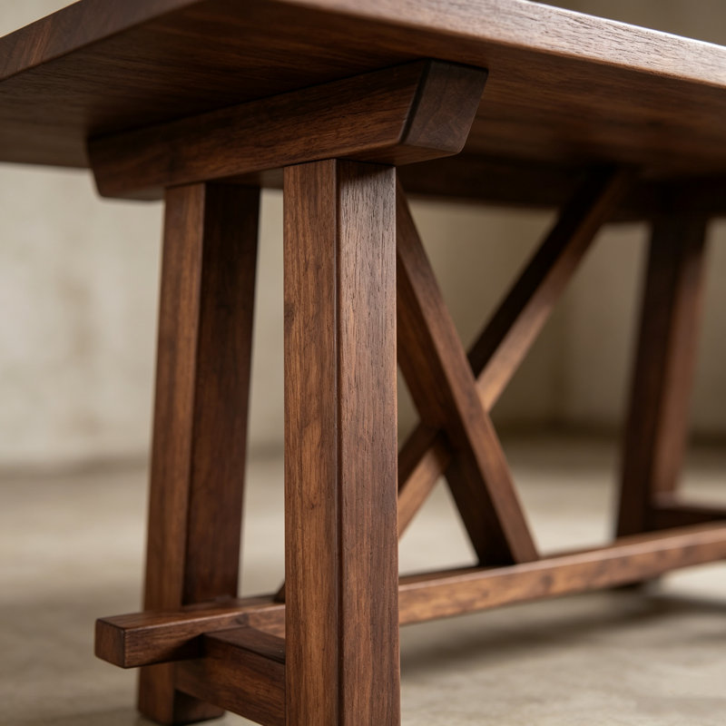 Table de salle à manger rectangulaire de style campagnard en bois massif, pouvant accueillir de 4 à 6 personnes.