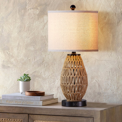 Lampe de chevet 22,5 po en rotin naturel avec deux ports USB et ampoule