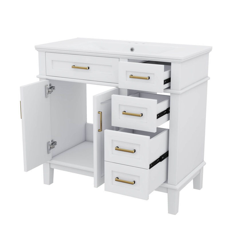Meuble-lavabo de 36 po avec lavabo en céramique, armoire de rangement moderne avec 2 portes à fermeture douce et 4 tiroirs, élégant pour petite pièce, appartement