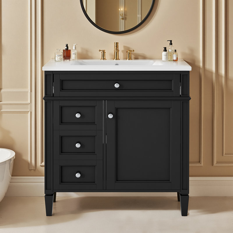 Meuble-lavabo sur pied simple 30 po avec lavabo supérieur et comptoir avec tiroir et miroir, Noir