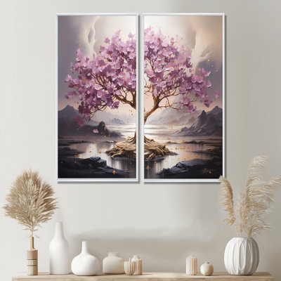 Arbre de fleurs de cerisier mauve au bord du lac I - art mural sur toile mauve 2 pièces