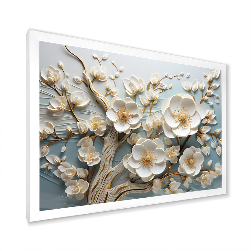Orchidée blanche jardin de branches 9 - Art mural floral abstrait, Cadre d'angle fermé blanc, H 24 po x l 32 po x P 1 po
