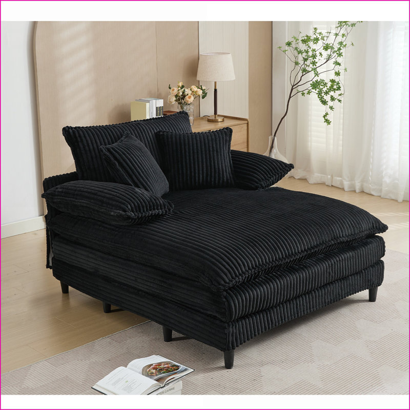Chaise longue, canapé-lit réglable à 4 vitesses de 54,75 po avec 2 coussins | Velours côtelé | Noir | Cadre en bois massif