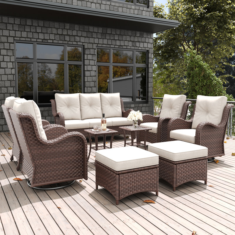LayinSun 9 Pieces Outdoor Patio Furniture Set With Sofa And Ottoman, Beige, Brown