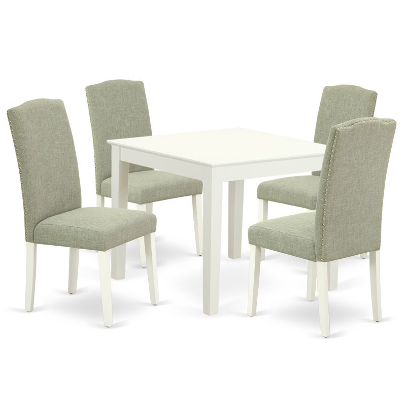 5 Piece Modern Dining Table Set Includes a Square Wooden Table and 4 Dark Shitake Linen Fabric Upholstered Parson Chairs, Linen White
