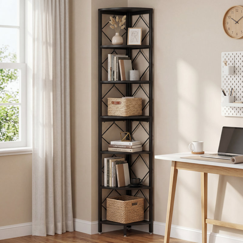 78.7" H X 13.8" W 7-Tier Industrial Corner Shelf, Metal Corner Bookshelf for Narrow Spaces, Black