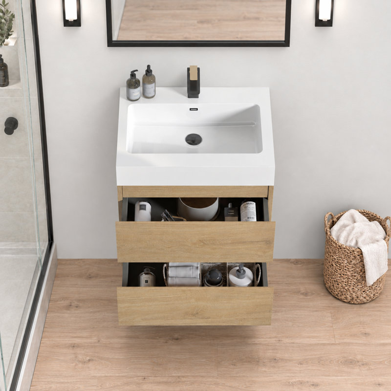 Meuble-lavabo suspendu moderne en bois naturel de 24 pouces avec lavabo blanc intégré et 2 tiroirs de rangement, fixé au mur et entièrement assemblé