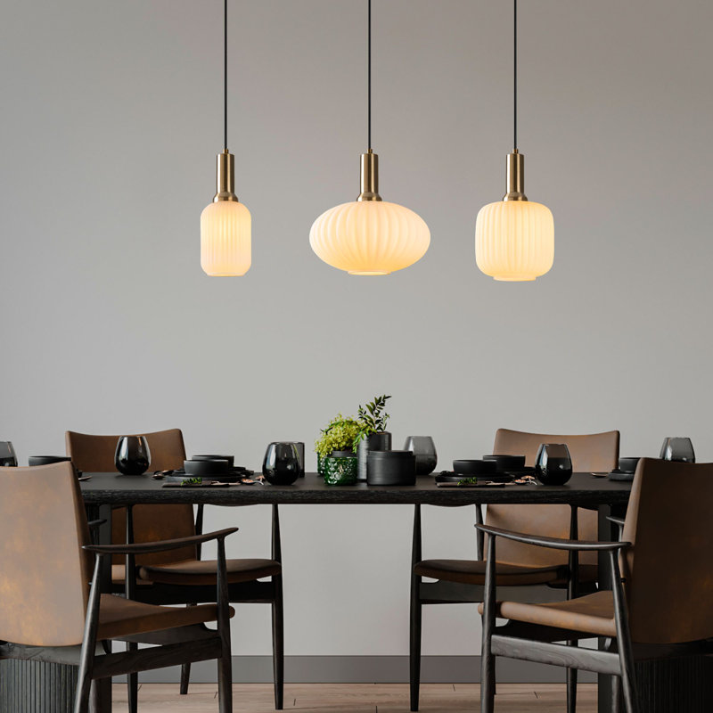 Elegant Gold Chandelier, Metal Body with Glass Caps, 34.3 x 11.8 x 51.2 Inches | 3 x E27 Max 40W Sockets (Bulbs Not Included) | Stunning Lighting Fixture for Living Room, Dining Room & Entryway Decor